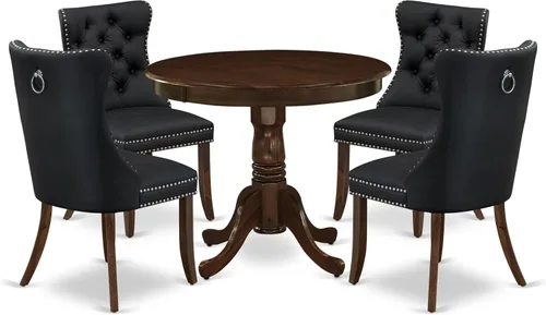 East West Furniture ANDA5-AWA-12 - Juego de mesa de cocina de 5 piezas, incluye una mesa de comedor redonda con pedestal y 4 sillas Parson tapizadas