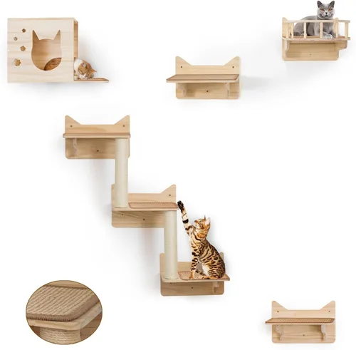 Miniatura 9 de Árbol para gatos montado en la pared, 7 estantes y perchas de pared para gatos con postes rascadores altos de sisal, árbol de escalada para gatos