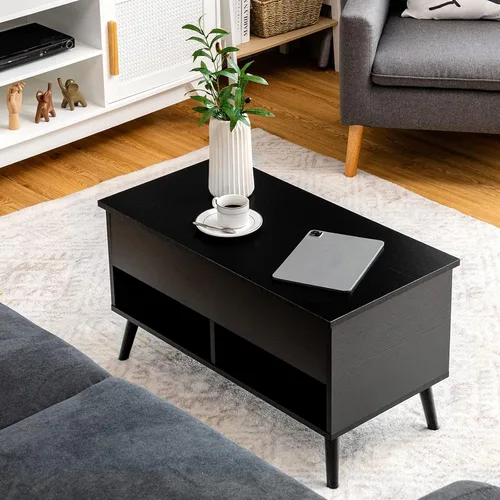Miniatura 4 de Tangkula Mesa de centro elevable, mesa de comedor de madera con almacenamiento oculto y 2 estantes abiertos, dispositivo de elevación hidráulica