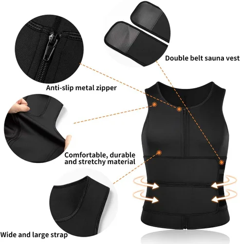 Miniatura 4 de SHAPERIN - Chaleco de neopreno para hombre, faja reductora efecto sauna, estilo camiseta sin mangas con zíper y dos cinturones