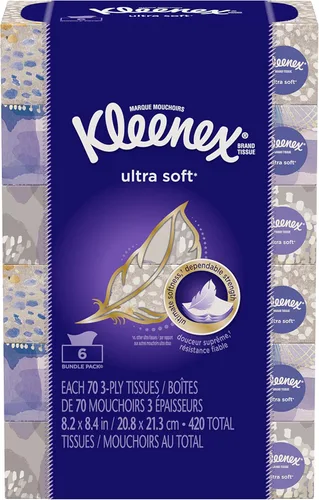 Kleenex Pañuelos faciales ultrasuaves y fuertes, 70 unidades de 8.2 x 8.4 pulgadas, paquete de 6 Blanco