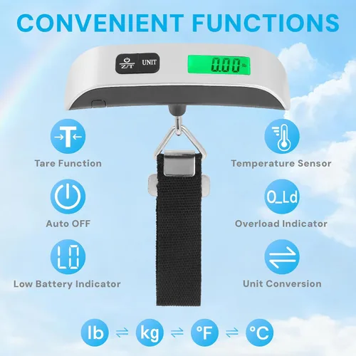 Miniatura 3 de Báscula digital de equipaje, báscula de equipaje portátil de 110 libras para viajes con pantalla LCD retroiluminada, conmutación de 4