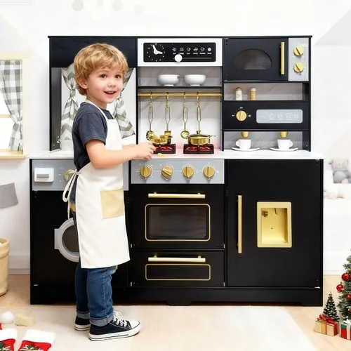 Cocina de juego de madera con luz y sonido, fregadero de juguetes y dispensador de agua con agua corriente, juego de cocina grande para niños Negro