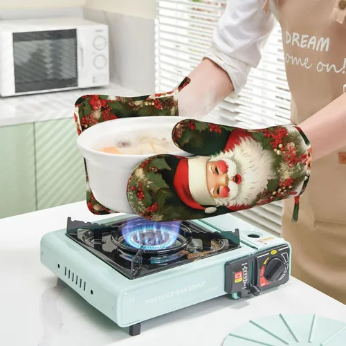 Miniatura 6 de Juego de manoplas de horno y soportes para ollas de Navidad con corona de Papá Noel, resistentes al calor, de silicona, para cocinar, guantes