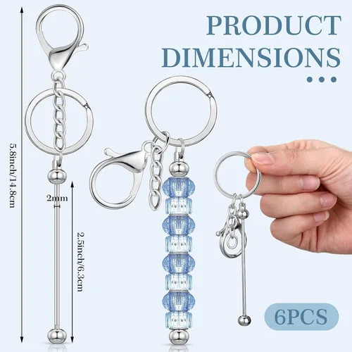 Miniatura 3 de Huwena 6 piezas de llaveros con cuentas, barras en blanco, llavero de cuentas de metal para colgante, manualidades, joyería, regalo Plateado