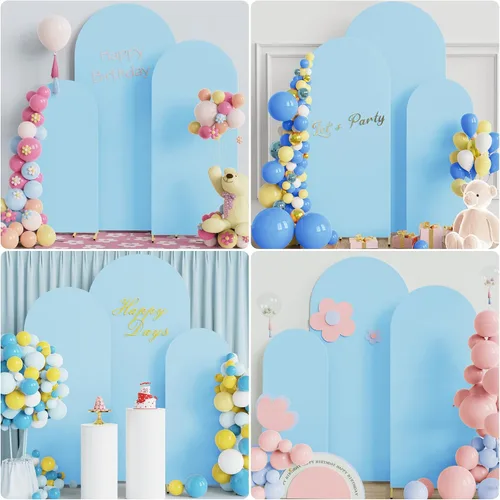 Miniatura 5 de Putros Fundas de arco de boda de 4 pies, 5 pies, 6 pies en azul polvoriento, Spandex ajustado con parte superior redonda Chiara, soporte para telón