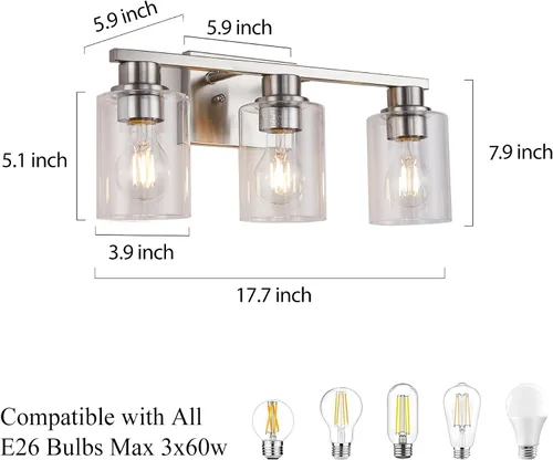 Miniatura 3 de Lámpara de tocador de baño de níquel cepillado, aplique de pared de 3 luces de 18 pulgadas con pantallas de vidrio transparente, iluminación moderna