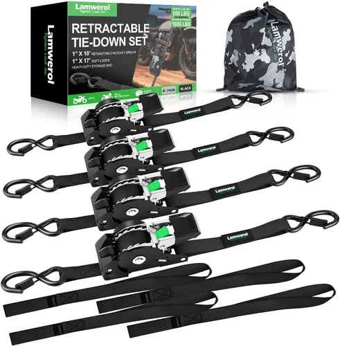 Correas de trinquete retráctiles (paquete de 4) – 1 pulgada x 10 pies (1,650 libras de resistencia a la rotura) – Correas de amarre autoretráctiles