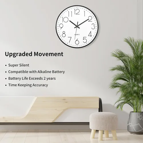 Miniatura 3 de Foxtop Reloj de pared negro de 12 pulgadas, silencioso, sin tictac, de cuarzo, funciona con pilas, reloj redondo fácil de leer para oficina, aula