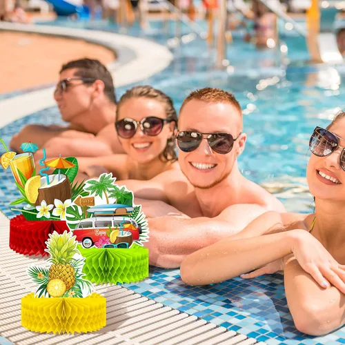 Miniatura 5 de Waydress 9 piezas de decoración hawaiana Luau para fiestas, centros de mesa de panal tropical Aloha para mesas, tema de Margaritaville, suministros