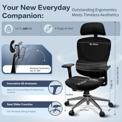 Miniatura 3 de Jacia House Silla ergonómica de malla negra para oficina en casa, silla de juegos grande y alta, soporte lumbar de alto ajuste, reposabrazos 4D
