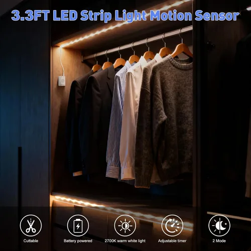 Miniatura 3 de LUXJET - Luz recargable con sensor de movimiento para armario, tira LED flexible de 1 m con 30 luces LED, sensor PIR y de luz, luz nocturna blanca