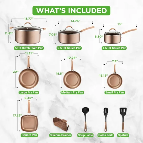 Miniatura 3 de NutriChef Juego de ollas y sartenes antiadherentes de 14 piezas, juego de utensilios de cocina de inducción, sin PFAS para todas las estufas, Dorado