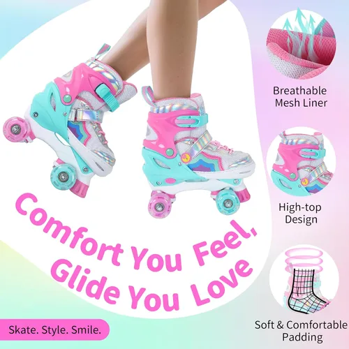Miniatura 5 de BELEEV Patines de ruedas para niñas, 4 tamaños ajustables con 8 ruedas LED iluminadas y cordones de zapatos, seguros y divertidos para niños