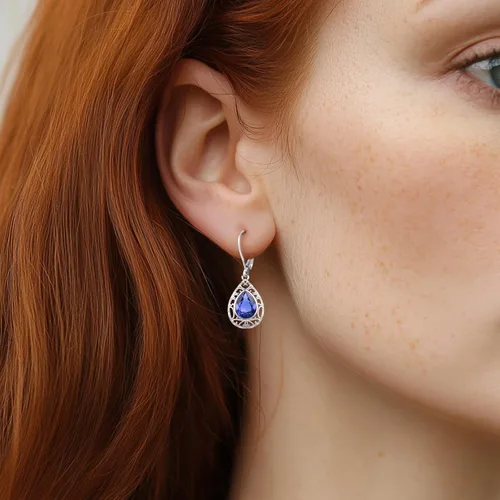 Miniatura 97 de Aretes colgantes de plata de ley con diseño de árbol de la vida, flor, abeja, animales, gato, colibrí, piedra lunar, turquesa, aretes con cierre