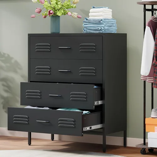 LCAOPC Cómoda de metal negro con 4 cajones para dormitorio, cómoda para armario, aparadores de dormitorio con cajones, aparadores de metal y cajones