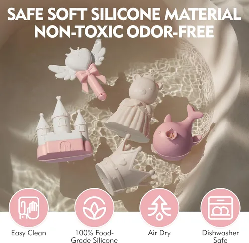 Miniatura 8 de MarcZero Juguetes de Baño de Silicona Princesa 8 Piezas para Niños Pequeños Niños Bebés, Juguetes de Agua para Bañera, Conjunto de Juguetes de Rosa