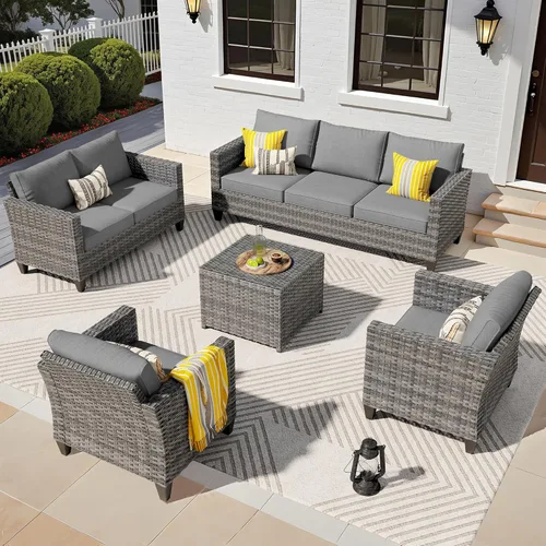 Miniatura 56 de ovios Juego de muebles de patio de 6 piezas, sillas giratorias de mimbre para exteriores con mesa para fogatas de 30 pulgadas, juego de mecedoras