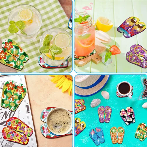 Miniatura 6 de Shellwei 8 posavasos de arte de diamantes para verano, Hawaii, tropical, playa, con soporte para manualidades, regalo, fiesta de adultos