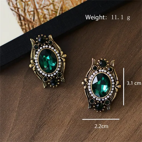 Miniatura 6 de Vintage Green CZ Stud Earrings for Women Antique Gold-Toned Cubic Zirconia Oval Crystal Shell Pearl Drop Studs Earring Boho Victorian Style Hollow