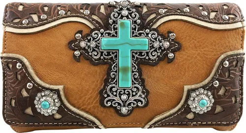 Miniatura 2 de Zelris turquesa Rhinestone Cruz Occidental mujeres Crossbody muñeca Trifold cartera