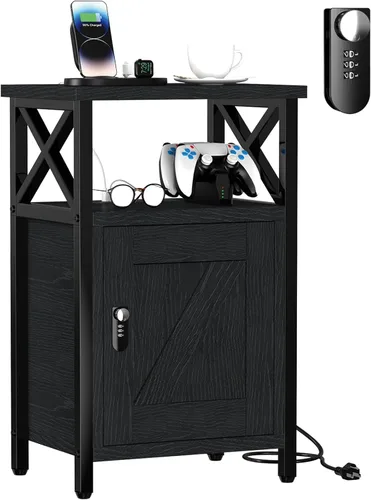 Miniatura 14 de runjuly Mesita de noche de madera con cerradura, mesa auxiliar de cama con cajones, mesita de noche con estación de carga, 3 USB y 2 tomas, mesita