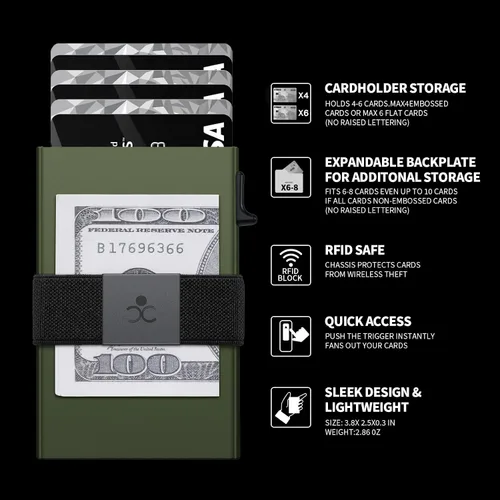 Miniatura 72 de Cartera delgada de aluminio para hombre, placa trasera expandible duradera, bloqueo RFID, billetera desplegable de metal minimalista, con capacidad
