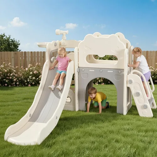 Miniatura 6 de Arlopu Juego de toboganes 8 en 1 para niños, tobogán de bebé para interiores y exteriores con aro de baloncesto, telescopio y espacio de Blanco