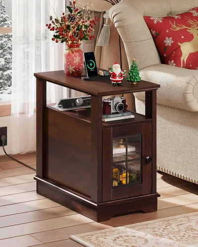 Miniatura 2 de WLIVE Mesa auxiliar de estilo granja con estación de carga, mesa lateral estrecha con almacenamiento, mesita de noche pequeña con puertos USB