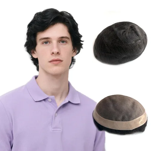 Hywel Toupee para hombres con cabello humano 100% real, parte superior mono con revestimiento de poliéster alrededor de la gorra para hombre, piezas