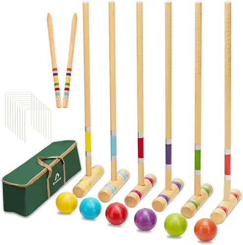 ApudArmis Juego de Croquet para Seis Jugadores con Mazos de Madera de Goma Premium de 28 Pulgadas, Pelota de Colores, Arcos, Estacas – Juego de