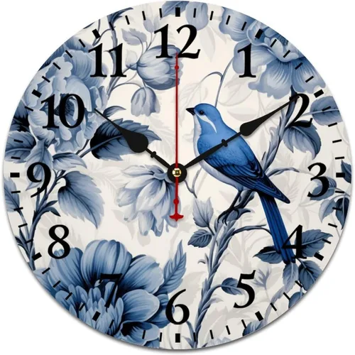 Miniatura 16 de Chinoiserie - Reloj de pared de madera moderno con patrón floral azul y blanco, flores y pájaros, funciona con pilas, con movimiento de cuarzo, azul