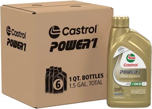 Castrol Power1 4T 10W-50 Aceite sintético completo para motocicleta, 1 cuarto de galón, paquete de 6