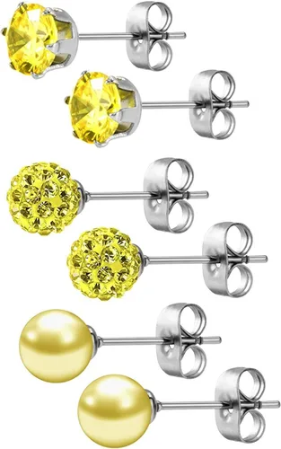 Miniatura 2 de JewelrieShop - Juego de aretes de tuerca de acero inoxidable con circonitas cúbicas y perlas de imitación, 3 pares de 0.236 in