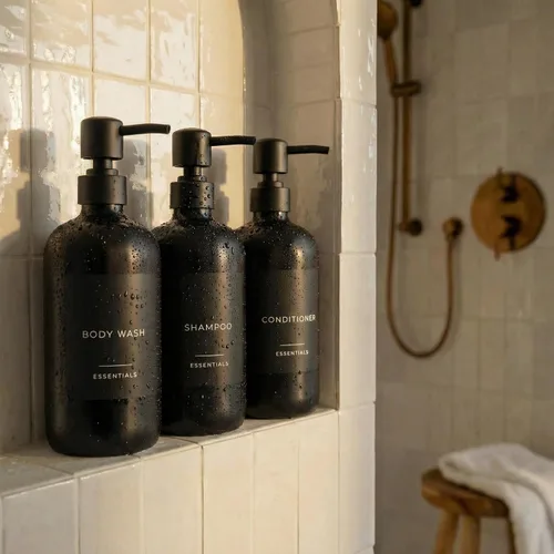 Elegante dispensador de champú y acondicionador - Juego de 3 botellas de jabón de ducha modernas de 21 onzas con bomba y etiquetas, dispensadores de