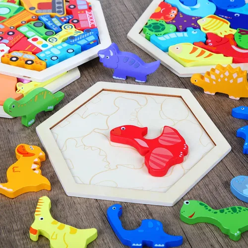 Miniatura 4 de Paquete de 5 rompecabezas de madera Tangram para niños, rompecabezas hexagonal de madera, bloques de rompecabezas con formas geométricas