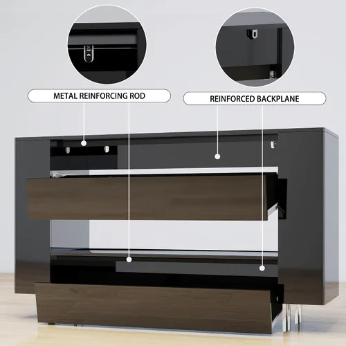 Miniatura 9 de Mueble de TV de alto brillo con 2 cajones grandes y puertas abiertas, moderno mueble de almacenamiento para consola de TV para sala de estar, Negro