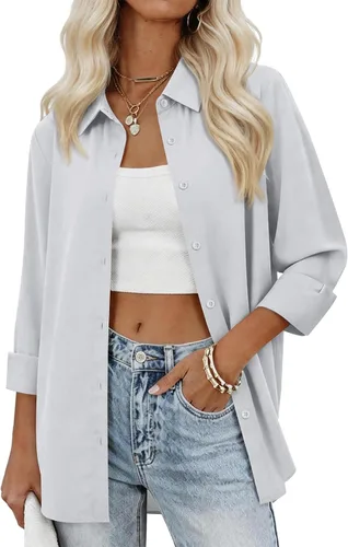 Miniatura 6 de siliteelon Camisas con botones para mujer, camisas de vestir sólidas, de manga larga, cuello fluido, para trabajo, oficina, negocios, blusas de gasa
