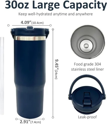 Miniatura 2 de Vaso de 30 onzas con asa superior, vaso aislado al vacío de doble pared con popote abatible, taza de café de viaje de 30 onzas con recubrimiento