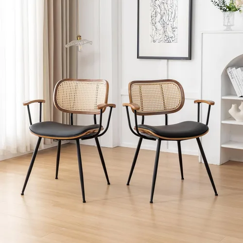 Miniatura 5 de Juego de 2 sillas de comedor de ratán, sillas auxiliares de cocina modernas de mediados de siglo, sillas de escritorio con patas de metal, sillas