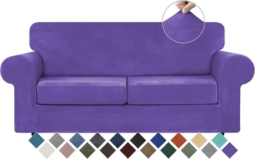 Miniatura 18 de WEERRW 4 Piezas Fundas de Terciopelo de Alta Elasticidad para Sofá de 3 Cojines Fundas de Sofá, Protector de Muebles Lavable con Parte Inferior