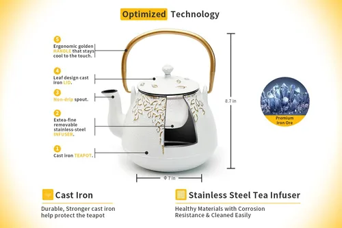 Miniatura 3 de Tetera, tetera japonesa de hierro fundido TOPTIER con infusor para hojas sueltas y bolsitas de té, tetera de hierro fundido segura para estufa Blanco