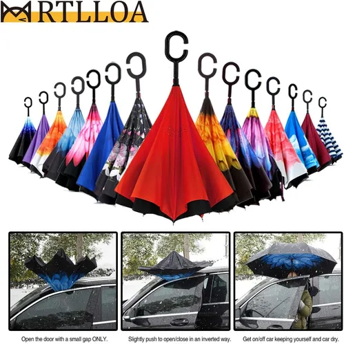Miniatura 174 de MRTLLOA - Paraguas invertido de gran tamaño de 40/49/56 pulgadas - Sombrilla doble capa resistente al viento, con mango en forma de C y tamaño golf