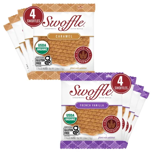 Swoffle - Stroopwafels orgánicos certificados sin gluten - Relleno de caramelo y vainilla francesa | (8) waffles envueltos individualmente, (4) de
