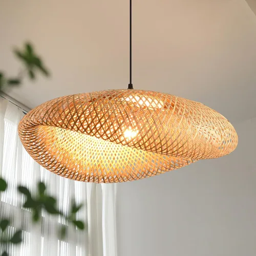 Miniatura 10 de lámpara colgante de bambú de 19.7 pulgadas estilo granja con enrejado de ratán para comedor, luces boho, accesorio de iluminación para isla