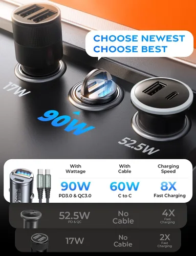 Miniatura 3 de AINOPE 90W para iPhone 17/16/15 Pro Max Cargador de coche USB C Fast Chage, [Mini y Metal] Adaptador de encendedor de cigarrillos invisible