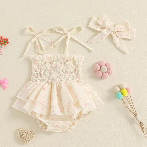 Miniatura 84 de Mameluco para bebés y niñas de 3, 6, 9, 12, 18 meses, enterizo de manga corta, fruncido, faldas y dobladillo, diadema