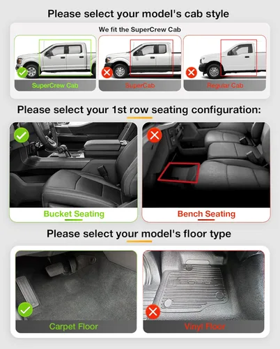 Miniatura 2 de 3W Tapetes para piso y alfombra delantera para Ford F150 / F-150 Lightning SuperCrew Cab 2015-2025, forro para piso TPE todo clima resistente