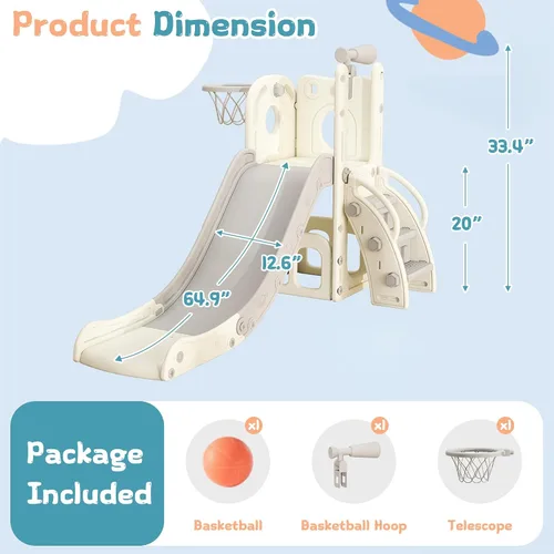 Miniatura 2 de Tobogán 6 en 1 para niños de 1 a 3 años, para interiores y exteriores, con aro de baloncesto, almacenamiento, escalador y telescopio, gran regalo