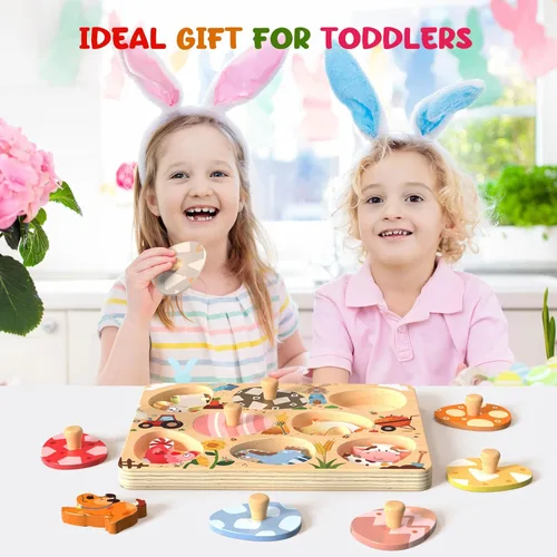 Miniatura 7 de Zeoddler Rompecabezas de madera de Pascua para niños pequeños, 8 piezas de rompecabezas de huevos a juego de animales de granja, juguetes Montessori